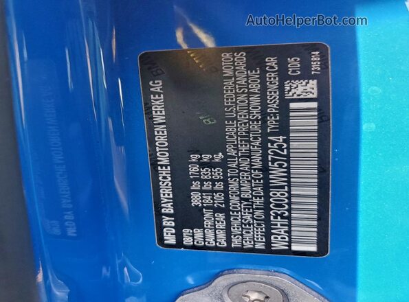WBAHF3C08LWW57254 2020 BMW Z4 Синий Вид наклейки с VIN-кодом