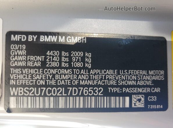 WBS2U7C02L7D76532 2020 BMW M2 Серебряный Вид наклейки с VIN-кодом