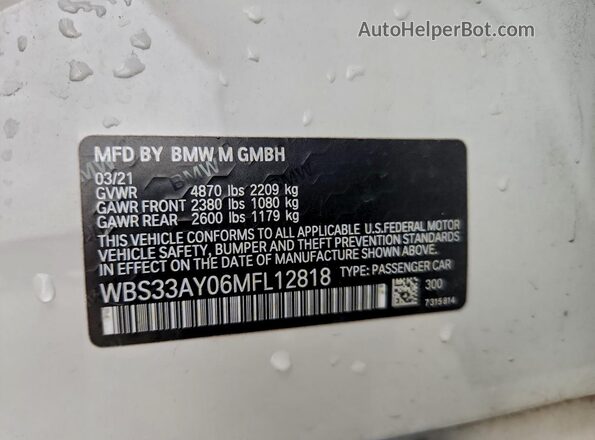 WBS33AY06MFL12818 2021 BMW M3 Gray VIN კოდის სტიკერის ხედი