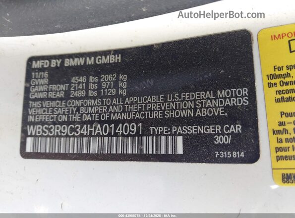 WBS3R9C34HA014091 2017 BMW M4 White Vista del compartimento del motor