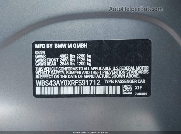 WBS43AY0XRFS91712 2024 BMW M3 Серый Вид подкапотного пространства