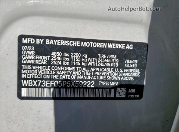 WBX73EF05P5X59222 2023 BMW X1 White Vista de la etiqueta del VIN