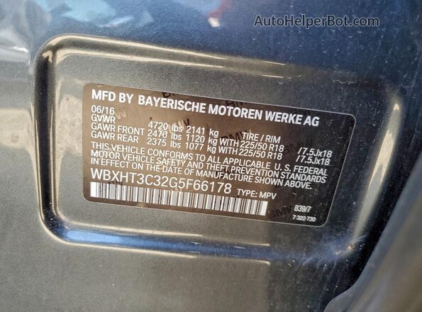 WBXHT3C32G5F66178 2016 BMW X1 Серый Вид наклейки с VIN-кодом