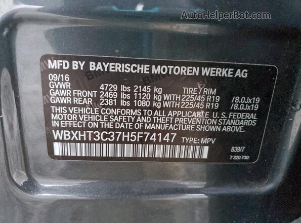 WBXHT3C37H5F74147 2017 BMW X1 Серый Вид наклейки с VIN-кодом