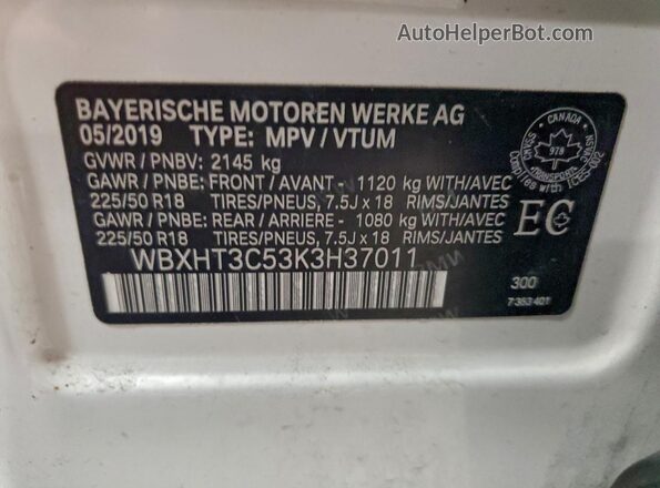 WBXHT3C53K3H37011 2019 BMW X1 Белый Вид наклейки с VIN-кодом