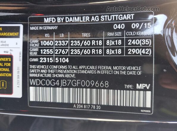 WDC0G4JB7GF009668 2016 MERCEDES-BENZ GLC-CLASS Черный Вид наклейки с VIN-кодом