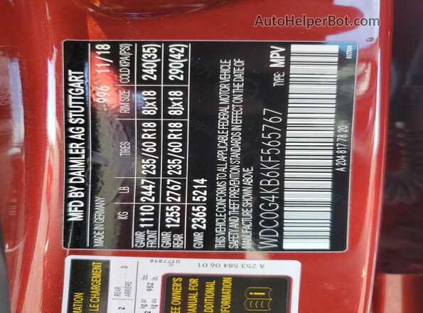 WDC0G4KB6KF565767 2019 MERCEDES-BENZ GLC-CLASS Red VIN կոդի պիտակի տեսք