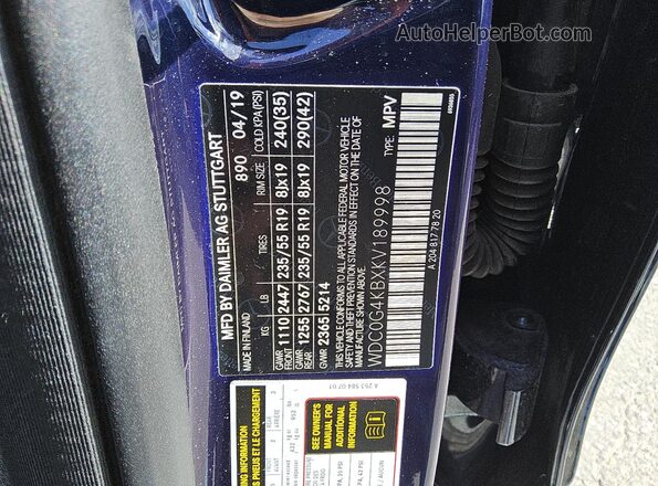 WDC0G4KBXKV189998 2019 MERCEDES-BENZ GLC-CLASS Синий Вид наклейки с VIN-кодом