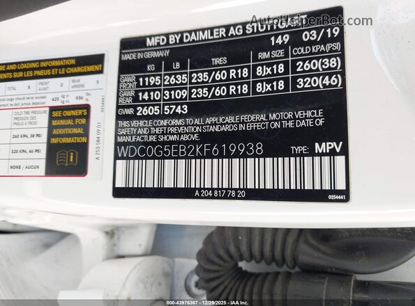 WDC0G5EB2KF619938 2019 MERCEDES-BENZ GLC 350E Белый Вид подкапотного пространства