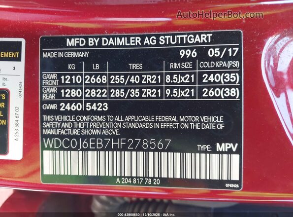 WDC0J6EB7HF278567 2017 MERCEDES-BENZ AMG GLE 43 COUPE Красный Вид подкапотного пространства