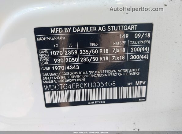 WDCTG4EB0KU005408 2019 MERCEDES-BENZ GLA 250 White Vista del compartimento del motor