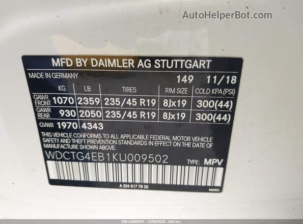 WDCTG4EB1KU009502 2019 MERCEDES-BENZ GLA 250 White Vista del compartimento del motor