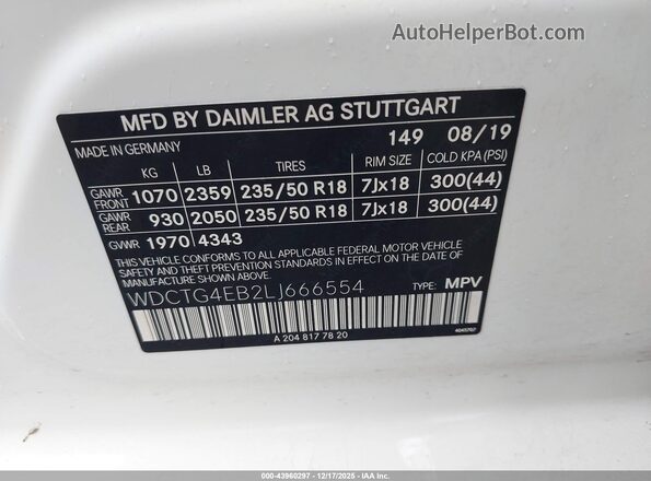 WDCTG4EB2LJ666554 2020 MERCEDES-BENZ GLA 250 White Vista del compartimento del motor