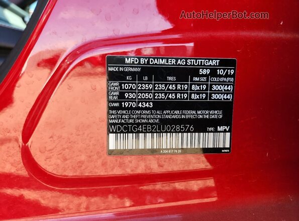WDCTG4EB2LU028576 2020 MERCEDES-BENZ GLA Красный Вид наклейки с VIN-кодом