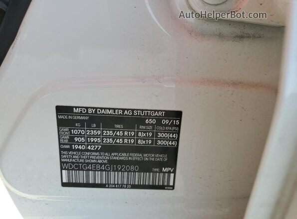 WDCTG4EB4GJ192080 2016 MERCEDES-BENZ GLA Белый Вид наклейки с VIN-кодом