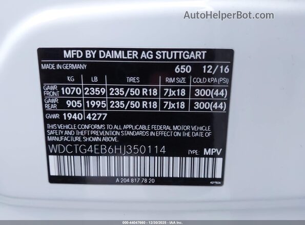 WDCTG4EB6HJ350114 2017 MERCEDES-BENZ GLA 250 White Widok komory silnika