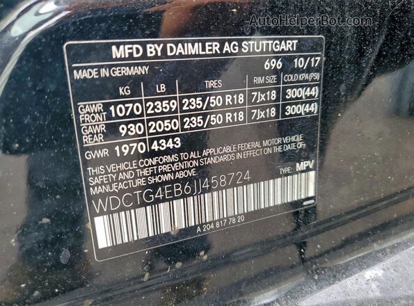 WDCTG4EB6JJ458724 2018 MERCEDES-BENZ GLA Black Widok naklejki z numerem VIN