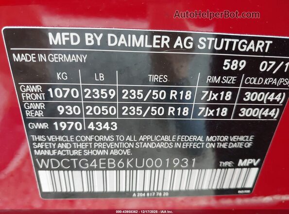 WDCTG4EB6KU001931 2019 MERCEDES-BENZ GLA 250 Red ძრავის განყოფილების ხედი