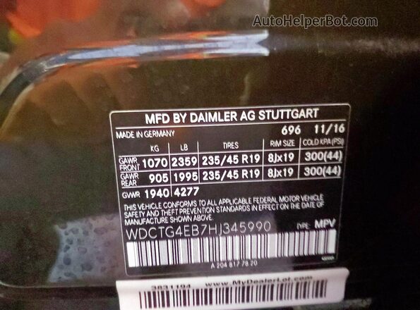 WDCTG4EB7HJ345990 2017 MERCEDES-BENZ GLA Black Vista de la etiqueta del VIN