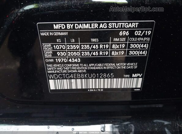 WDCTG4EB8KU012865 2019 MERCEDES-BENZ GLA 250 Black Вид підкапотного простору