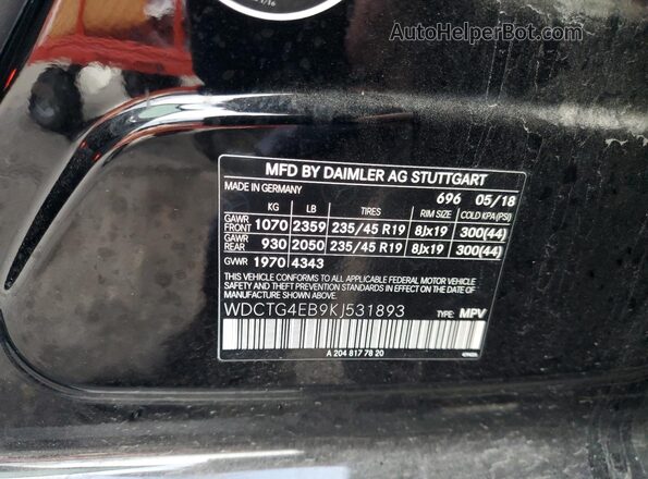 WDCTG4EB9KJ531893 2019 MERCEDES-BENZ GLA Black Vista de la etiqueta del VIN