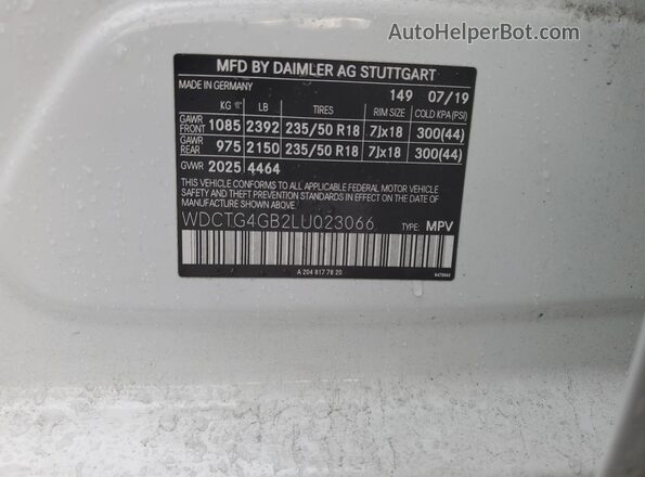 WDCTG4GB2LU023066 2020 MERCEDES-BENZ GLA White VIN კოდის სტიკერის ხედი