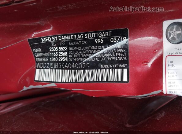 WDD2J5JB5KA040029 2019 MERCEDES-BENZ CLS-CLASS Red Widok komory silnika
