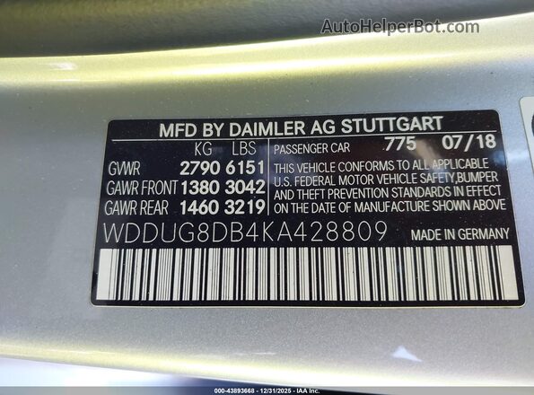 WDDUG8DB4KA428809 2019 MERCEDES-BENZ S-CLASS Gray Вид підкапотного простору