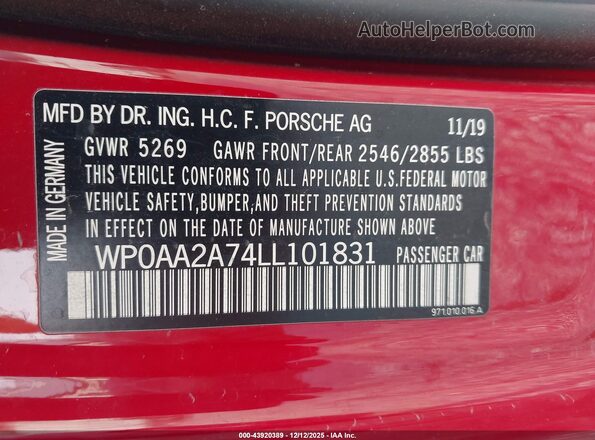 WP0AA2A74LL101831 2020 PORSCHE PANAMERA Красный Вид подкапотного пространства