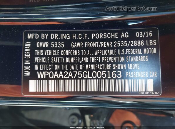 WP0AA2A75GL005163 2016 PORSCHE PANAMERA Черный Вид подкапотного пространства