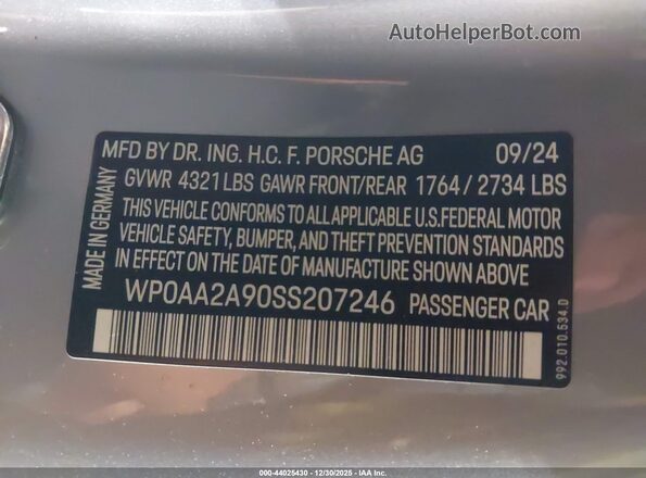 WP0AA2A90SS207246 2025 PORSCHE 911 Серый Вид подкапотного пространства