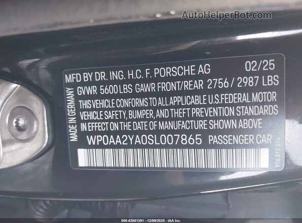 WP0AA2YA0SL007865 2025 PORSCHE PANAMERA Black Вид підкапотного простору