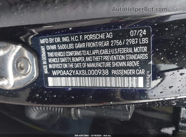 WP0AA2YAXSL000938 2025 PORSCHE PANAMERA Black Widok komory silnika