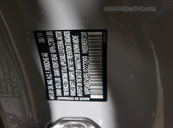 WP0AB2A95LS227099 2020 PORSCHE 911 Gray Widok naklejki z numerem VIN