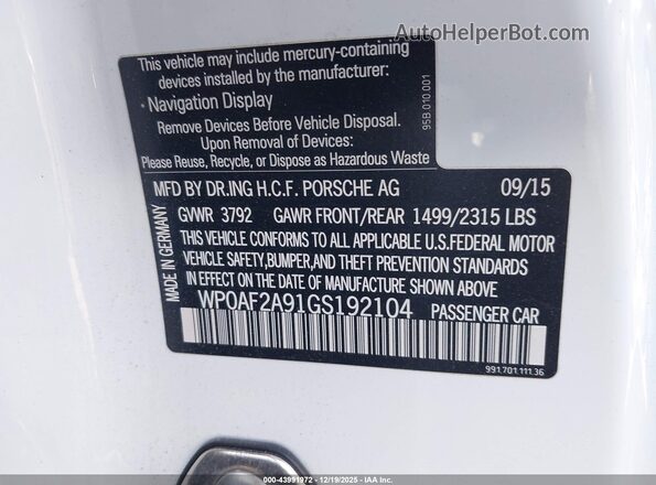 WP0AF2A91GS192104 2016 PORSCHE 911 White Вид підкапотного простору
