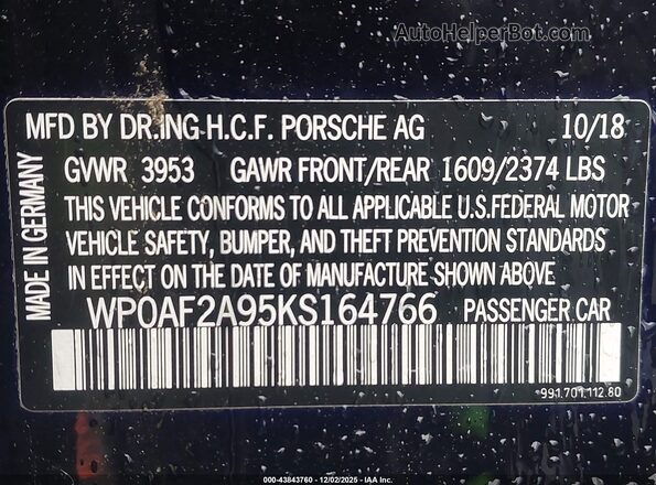 WP0AF2A95KS164766 2019 PORSCHE 911 Purple Vista del compartimento del motor