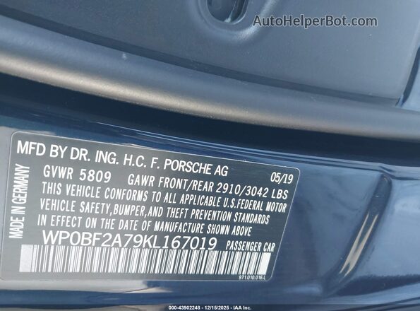 WP0BF2A79KL167019 2019 PORSCHE PANAMERA Blue Widok komory silnika