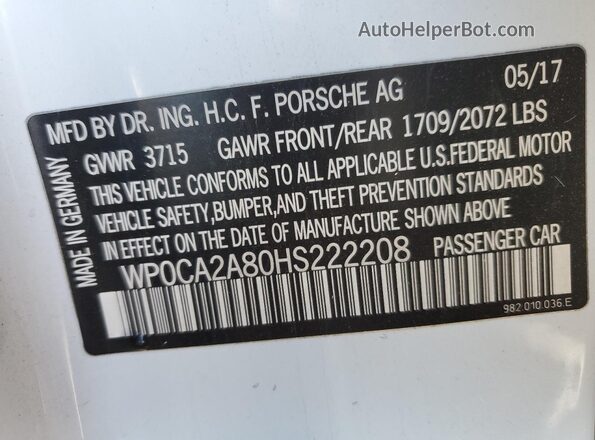 WP0CA2A80HS222208 2017 PORSCHE BOXSTER Белый Вид подкапотного пространства