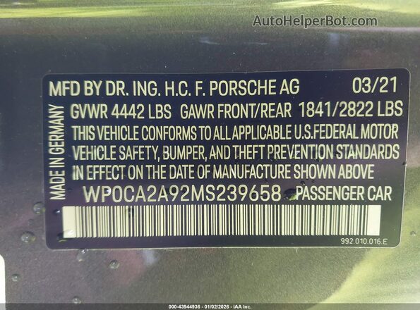 WP0CA2A92MS239658 2021 PORSCHE 911 Gray Շարժիչի բաժամունքի տեսք