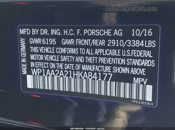 WP1AA2A21HKA84177 2017 PORSCHE CAYENNE Черный Вид подкапотного пространства