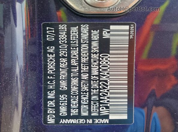 WP1AA2A22JKA00860 2018 PORSCHE CAYENNE Purple VIN კოდის სტიკერის ხედი