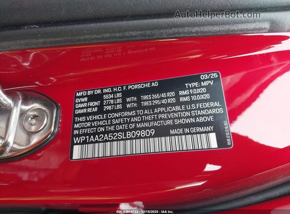 WP1AA2A52SLB09809 2025 PORSCHE MACAN Красный Вид подкапотного пространства