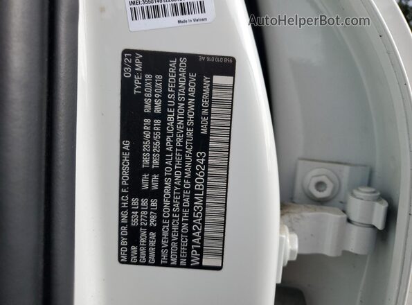 WP1AA2A53MLB06243 2021 PORSCHE MACAN Белый Вид наклейки с VIN-кодом