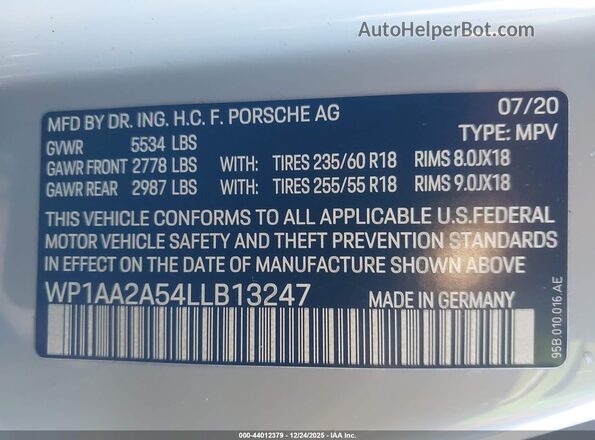 WP1AA2A54LLB13247 2020 PORSCHE MACAN Серый Вид подкапотного пространства