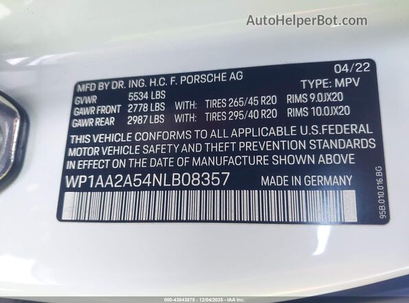 WP1AA2A54NLB08357 2022 PORSCHE MACAN Белый Вид подкапотного пространства