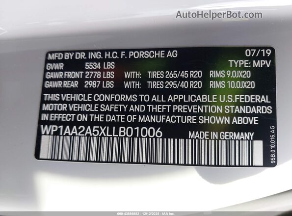 WP1AA2A5XLLB01006 2020 PORSCHE MACAN Серый Вид подкапотного пространства
