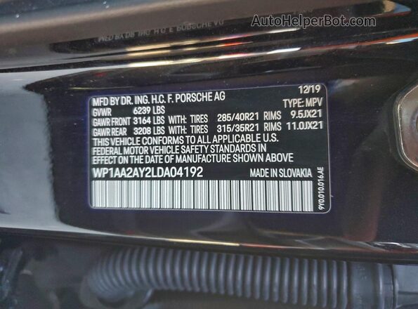 WP1AA2AY2LDA04192 2020 PORSCHE CAYENNE Черный Вид наклейки с VIN-кодом