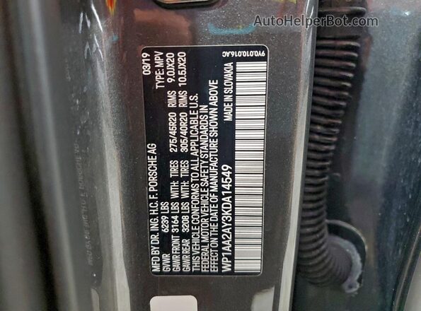 WP1AA2AY3KDA14549 2019 PORSCHE CAYENNE Gray Widok naklejki z numerem VIN