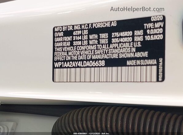 WP1AA2AY4LDA06638 2020 PORSCHE CAYENNE Белый Вид подкапотного пространства
