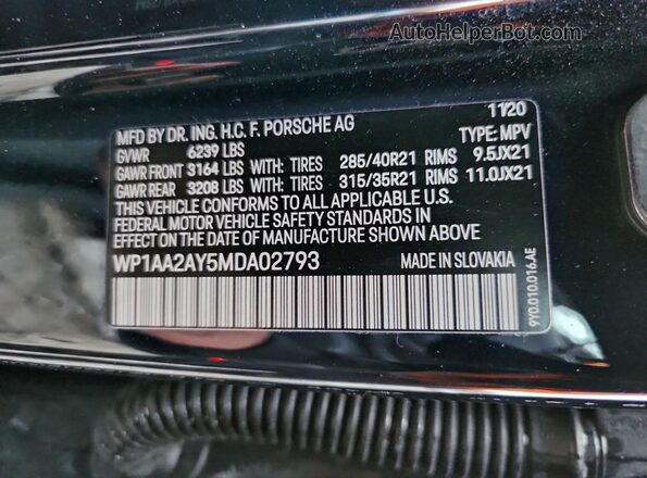WP1AA2AY5MDA02793 2021 PORSCHE CAYENNE Синий Панорамный вид салона 360°